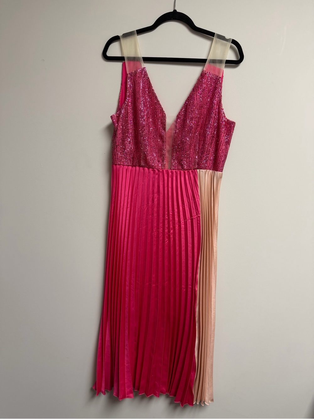 Sequin V-Neck Fuchsia and Blush Pleated Midi Dress